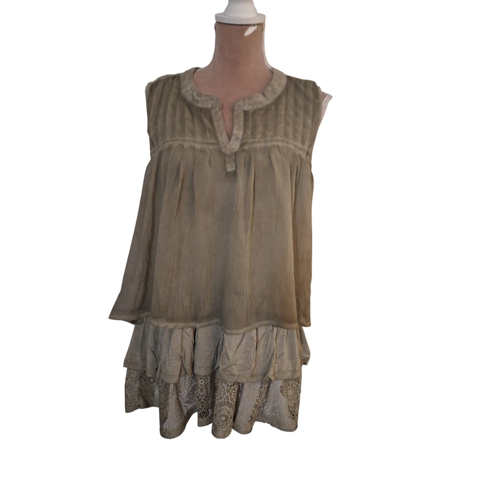 Artesia Womens XL Olive Green Sleeveless Tiered Lace Tunic Top Boho Forest Fairy
